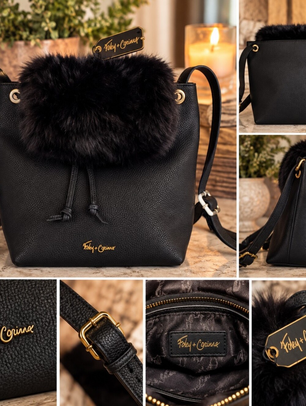 Foley + Corinna Black Faux Fur Crossbody Bag | Gold Hardware | Shoulder Bag New